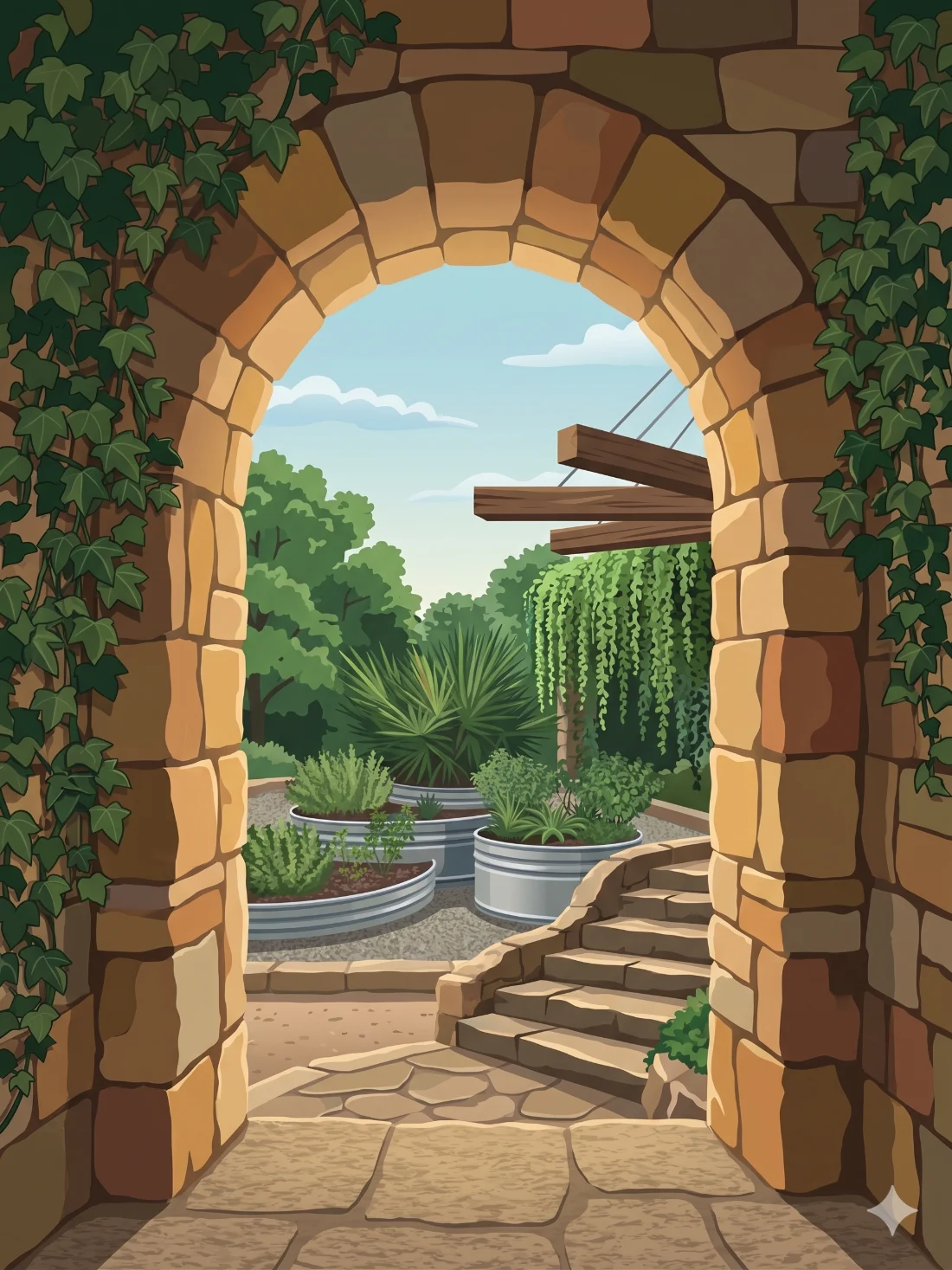 A stone archway opening onto a sunlit garden path