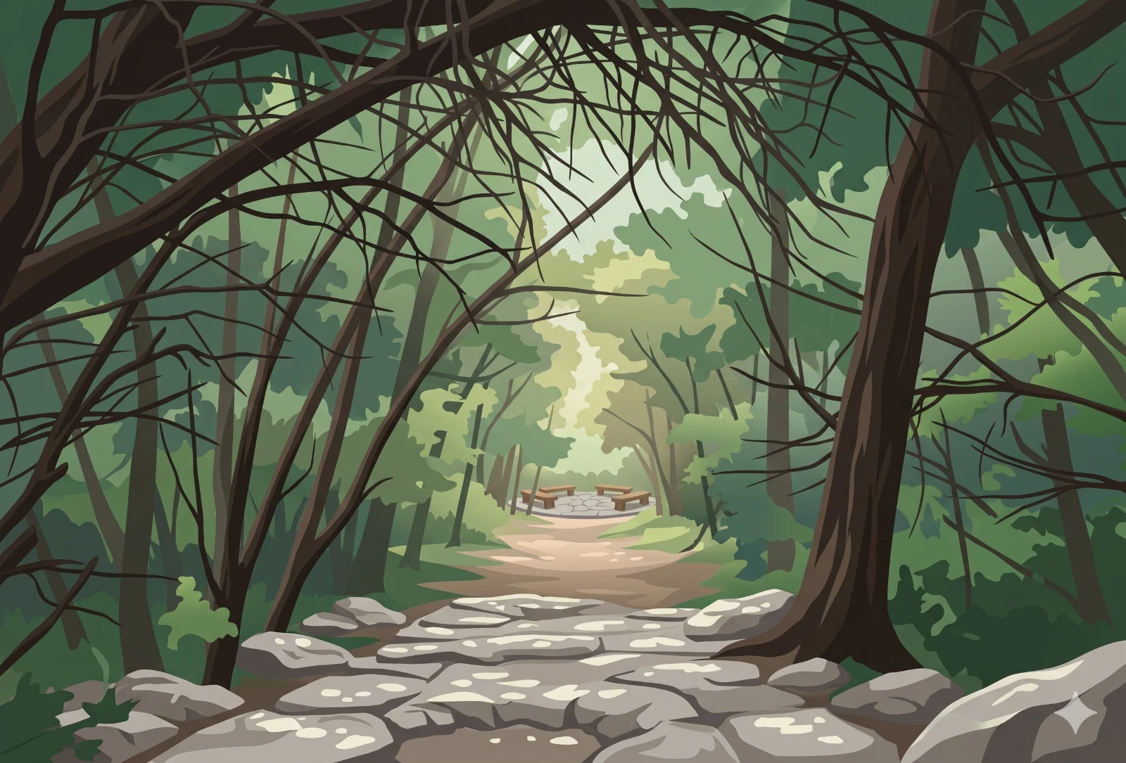 A tunnel of arching trees over a limestone path